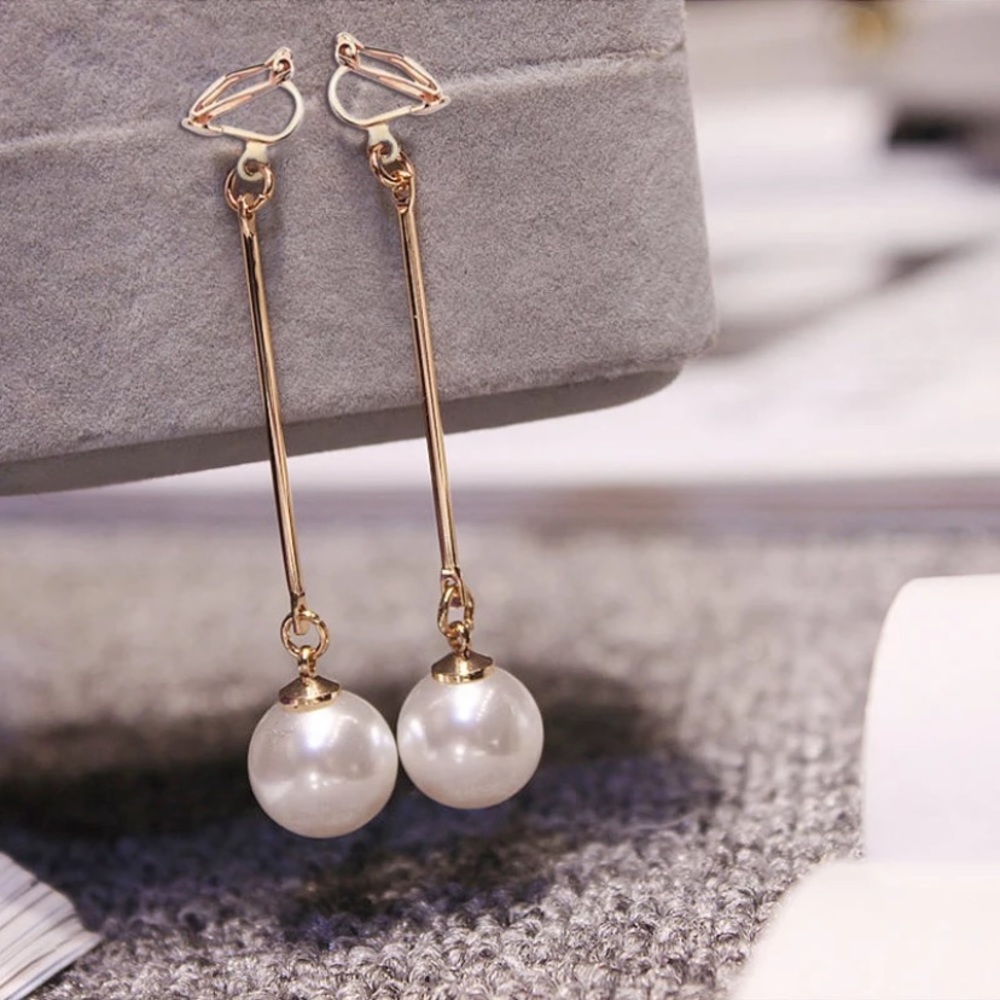 Simulated Pearl Long Tassel Bar Dangle Earrings - Picture 4 of 4
